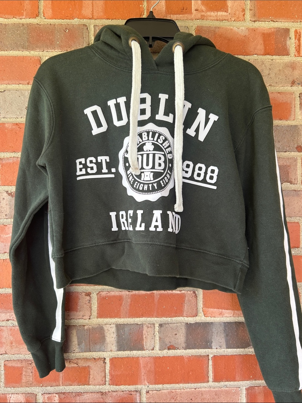 Dark Green Cropped Dublin Ireland Hoodie with White Accents S/M